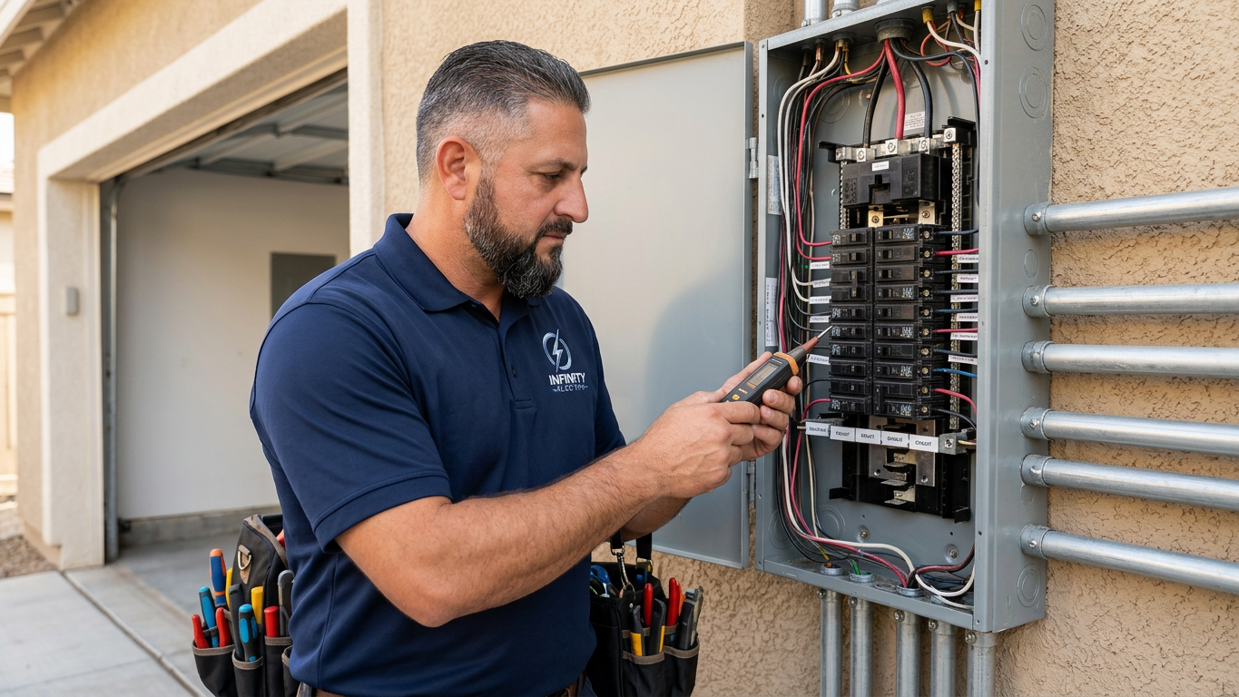Electrician reviewing an electrical panel during a planned project assessment